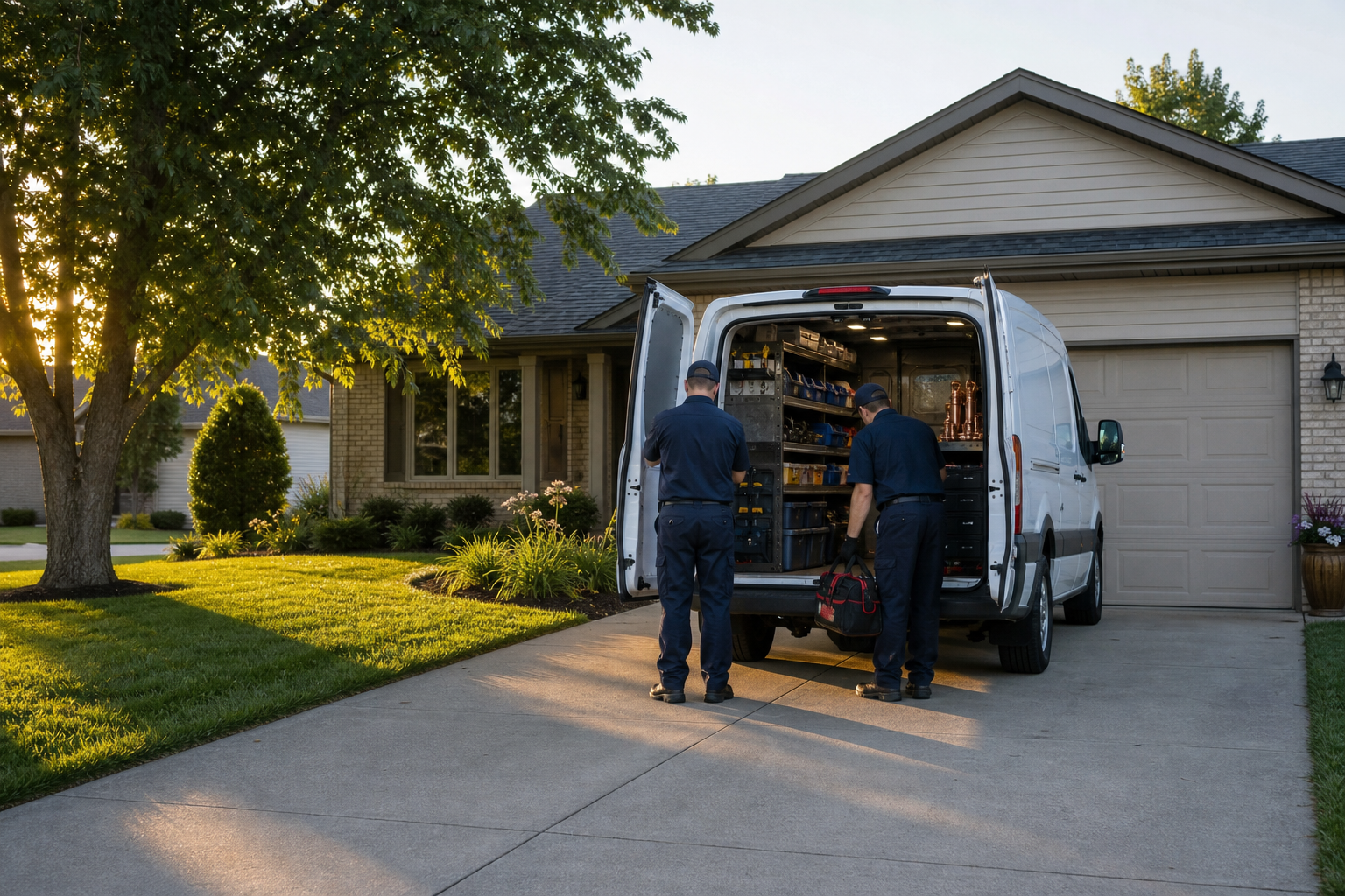 Neece Heating and Cooling service van and technicians preparing for a service call