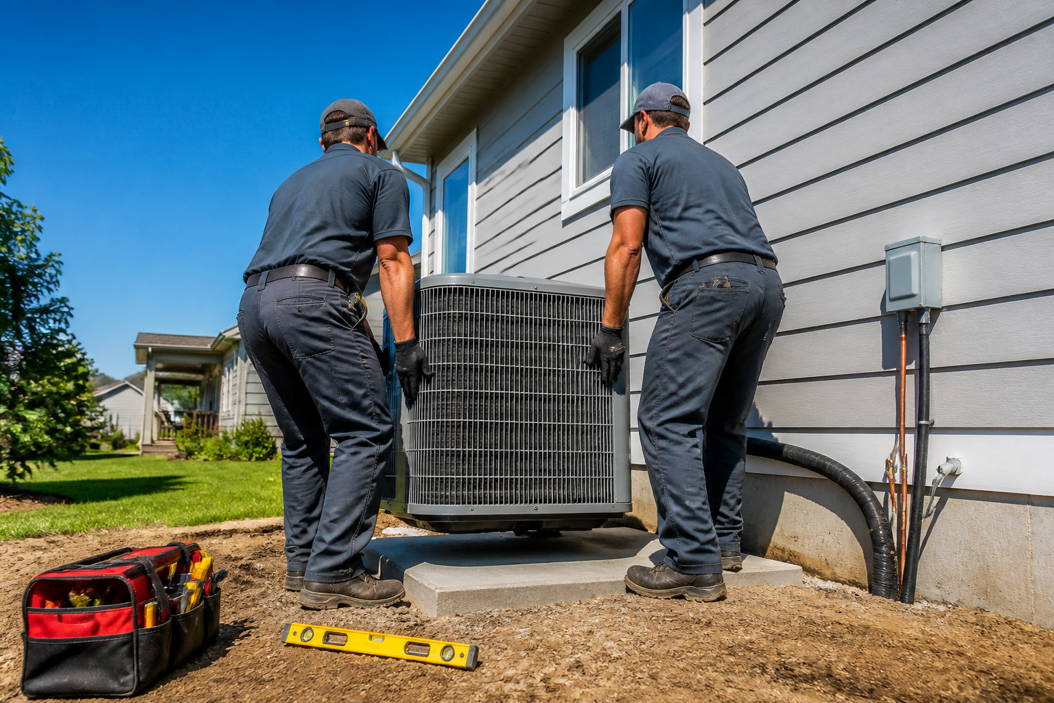 Installers setting a new air conditioning condenser unit onto a concrete pad