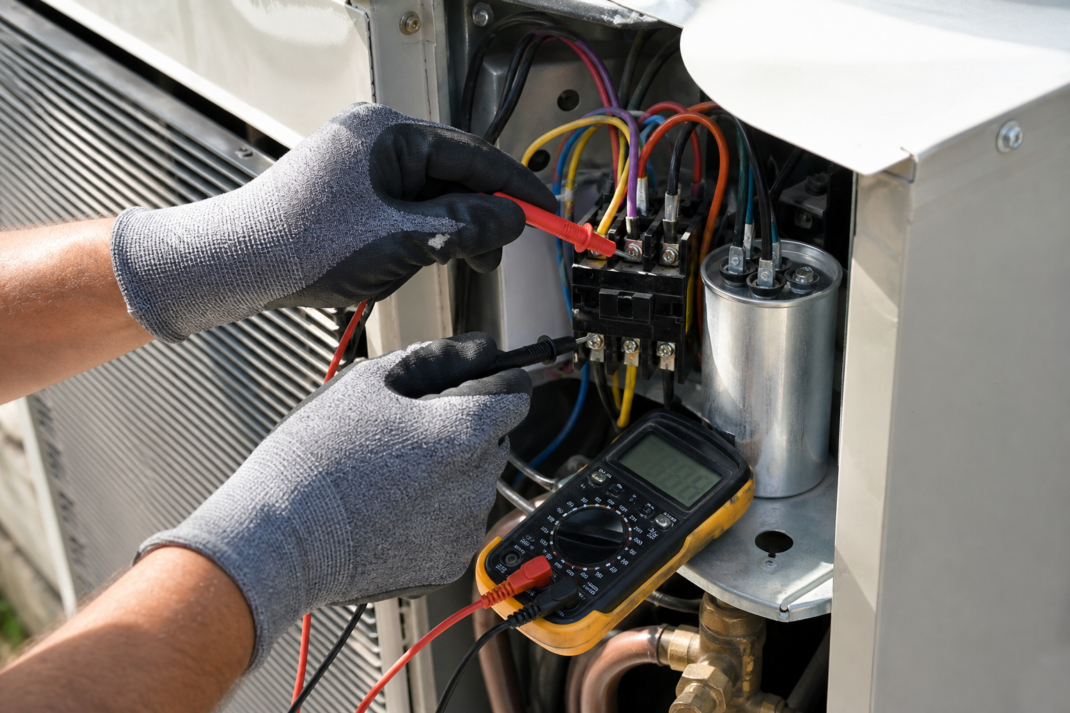 Technician testing an air conditioner's electrical components with a multimeter