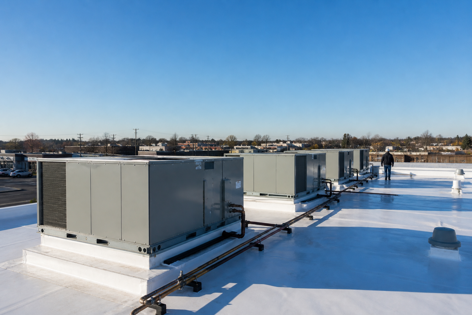 Packaged rooftop HVAC units on the roof of a small commercial building