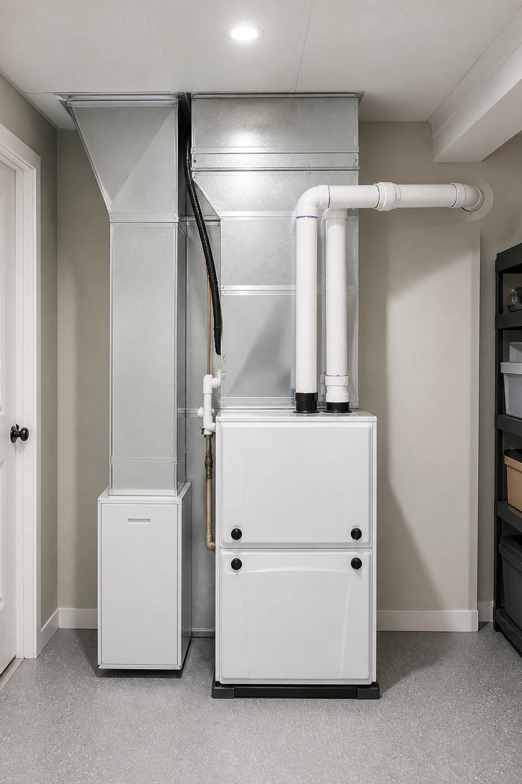 Newly installed high-efficiency gas furnace with sealed ductwork in a clean utility room