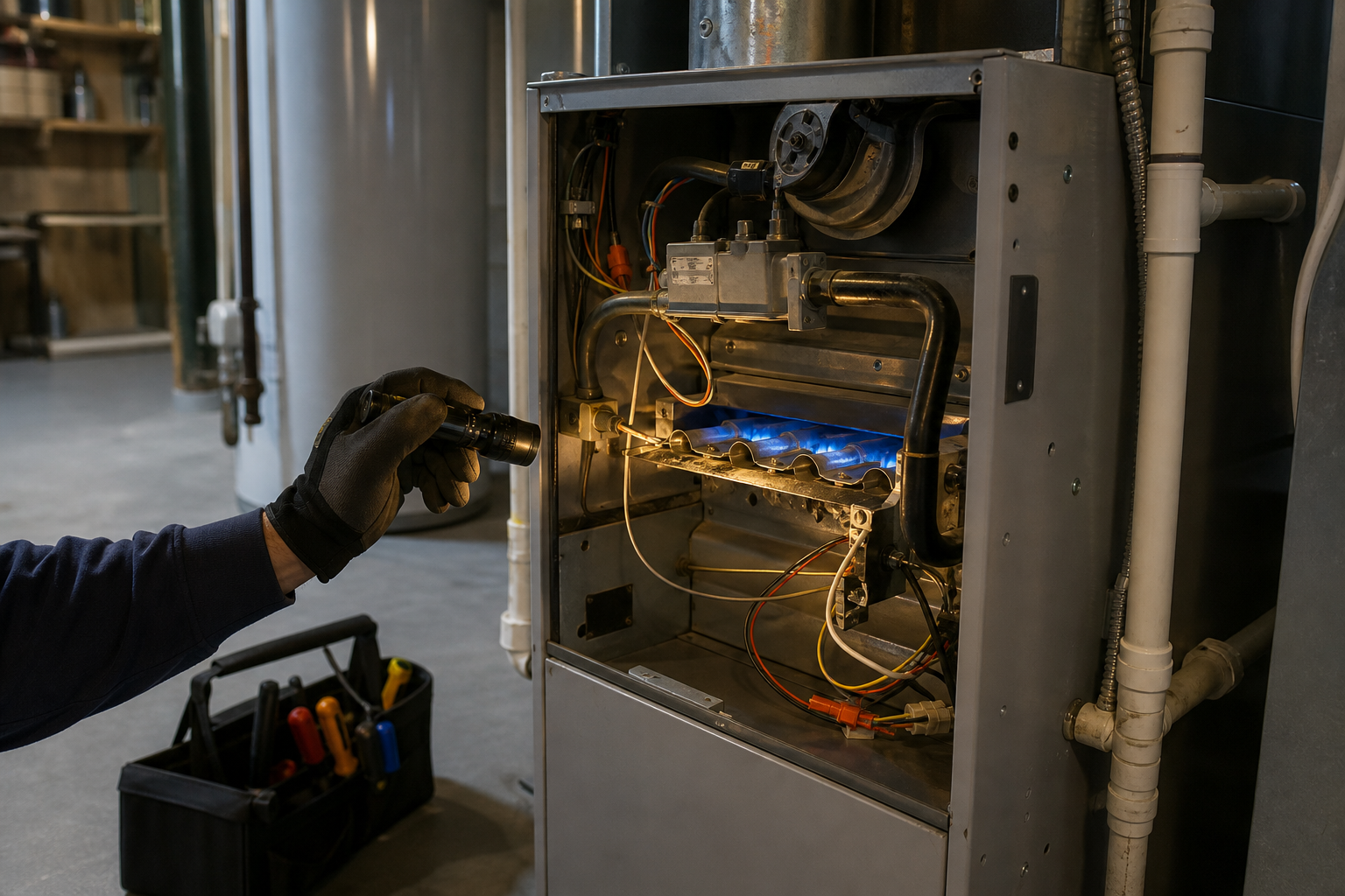 Technician inspecting the burner assembly inside an open residential gas furnace