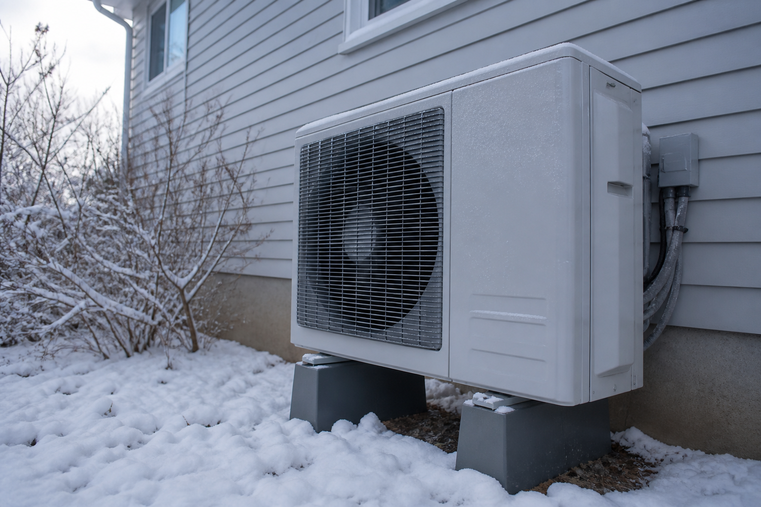 Residential heat pump unit running outside a home on a snowy winter day