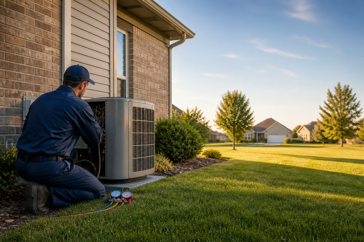 HVAC technician servicing an outdoor air conditioning condenser unit beside a suburban home