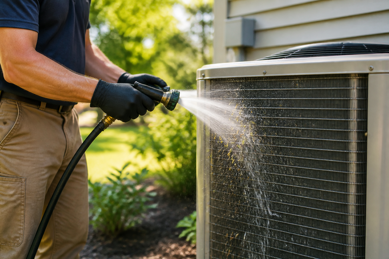 Technician cleaning the condenser coil fins during a seasonal HVAC tune-up
