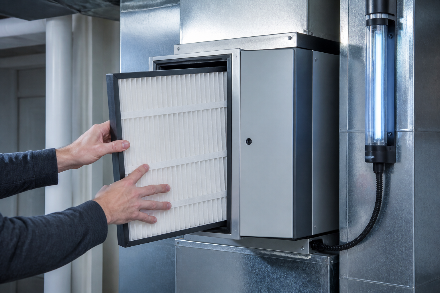 Hands sliding a pleated media filter into a whole-home air cleaner cabinet