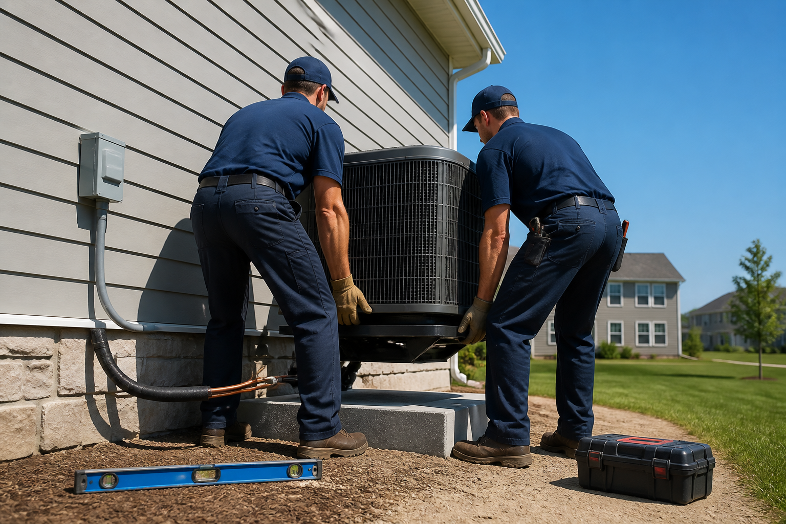New air conditioning condenser being set on a concrete pad outside a home
