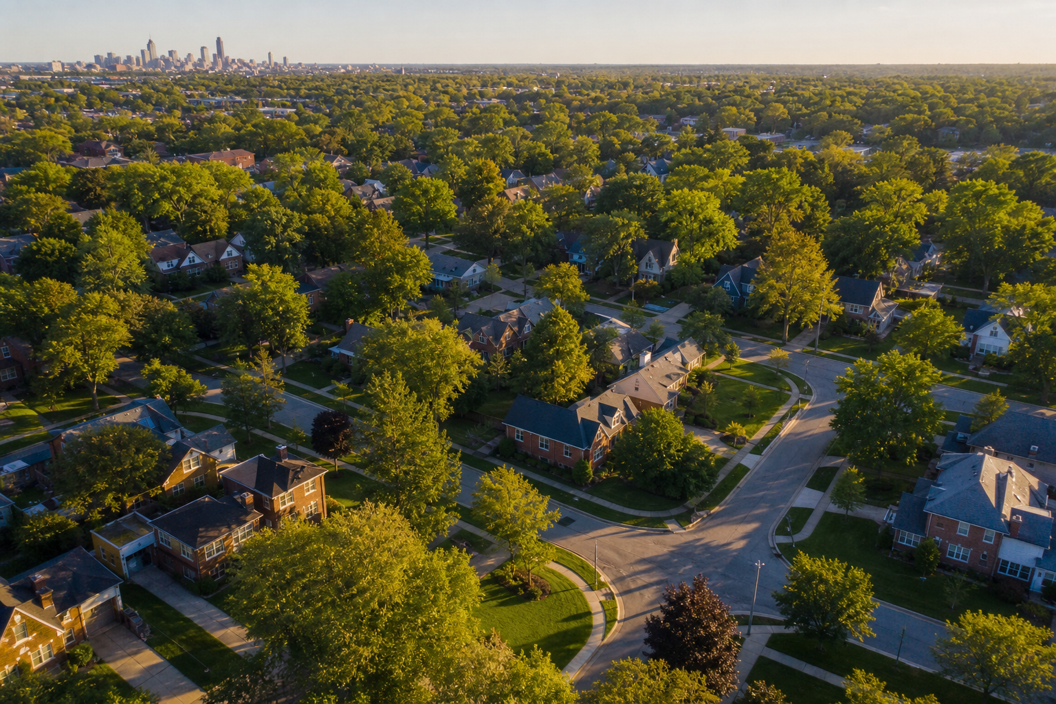 Aerial view of a Midwestern residential neighborhood in the Independence and Kansas City area