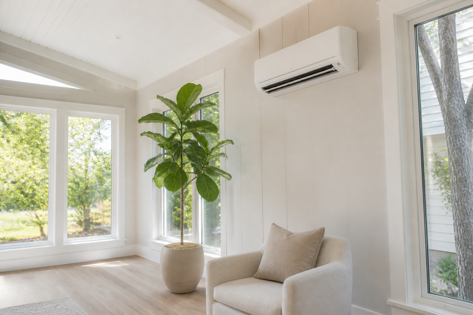 Ductless mini-split indoor head mounted on a living room wall