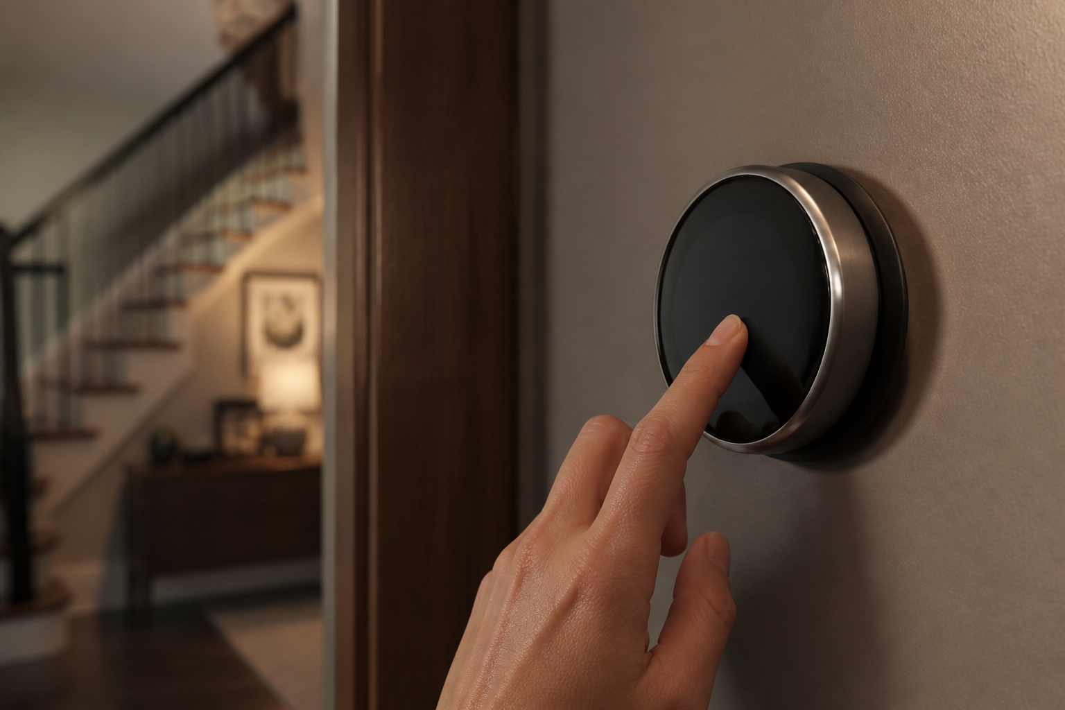 Smart thermostat mounted on a home wall being adjusted