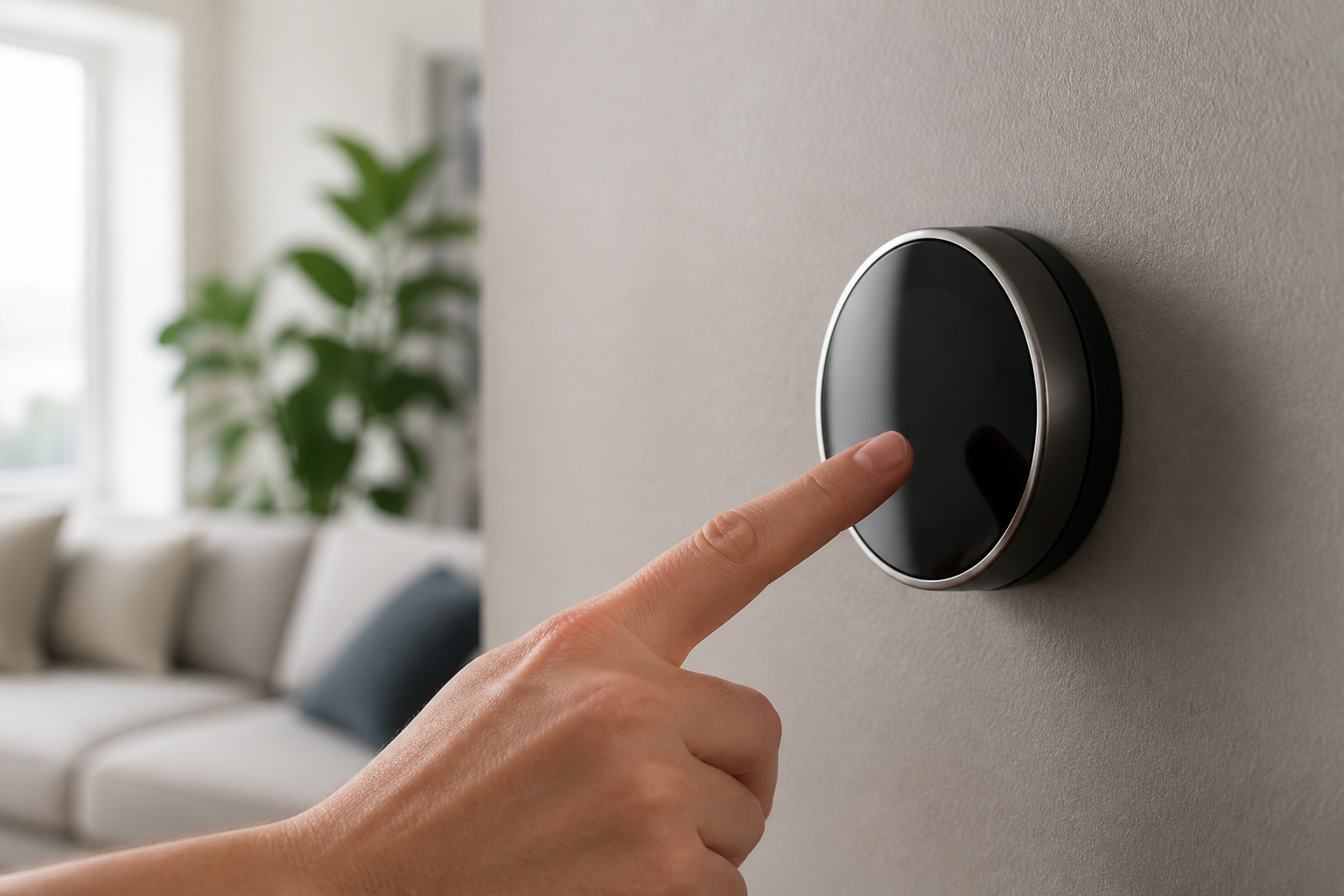 Homeowner adjusting a modern wall-mounted smart thermostat in a living room